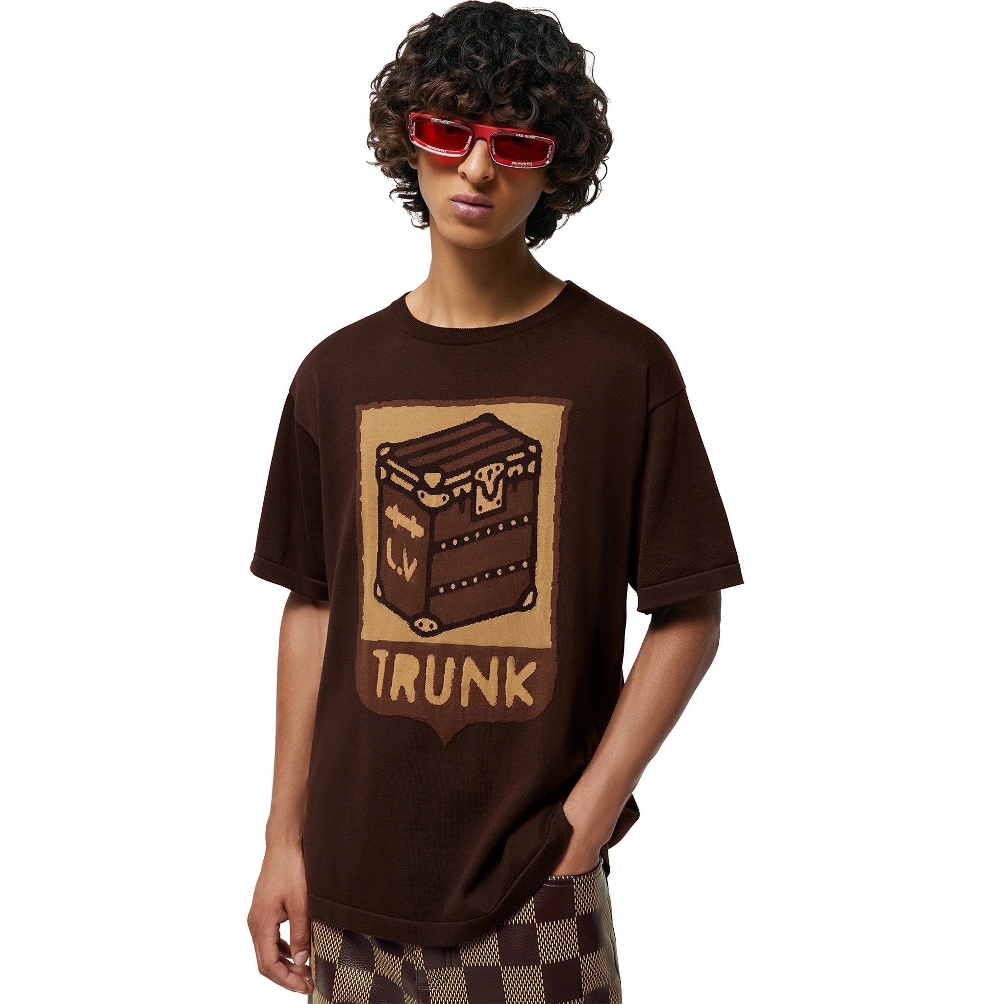 Model front view of Louis Vuitton Cotton Trunk Print Sienna Brown T Shirt NVPROD4940233V